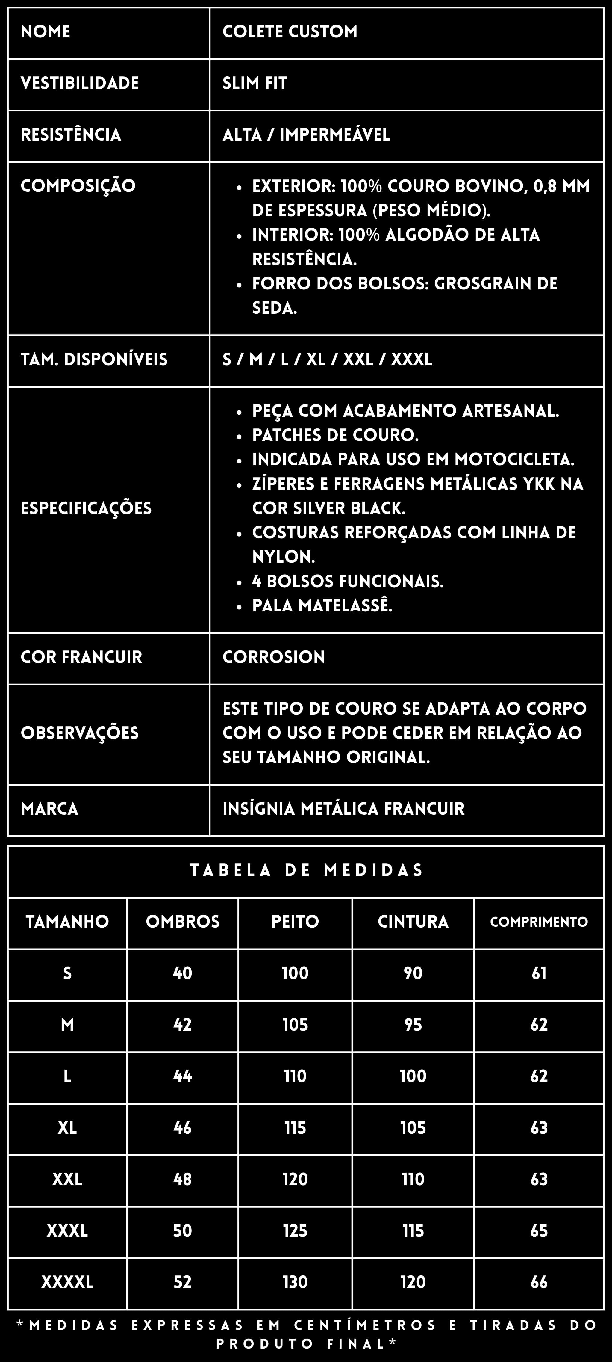 FICHA TÉCNICA — COLETE CUSTOM DE COURO CORROSION — FRANCUIR
